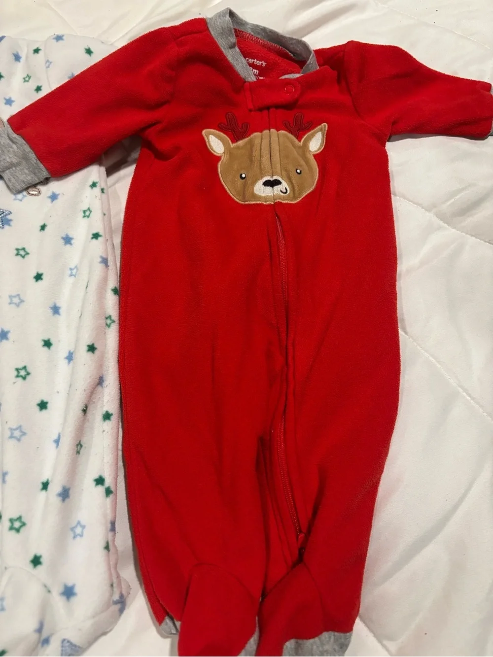 Carter's Set of 2 footed pajamas Red Deer fleece and white stars 3 months
